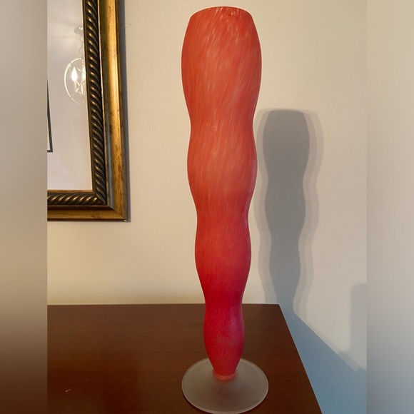 CARLO MORETTI Orange Red Tall 15” Thin Art GLASS Satin “SATINATO” VASE Murano - Picture 4 of 8